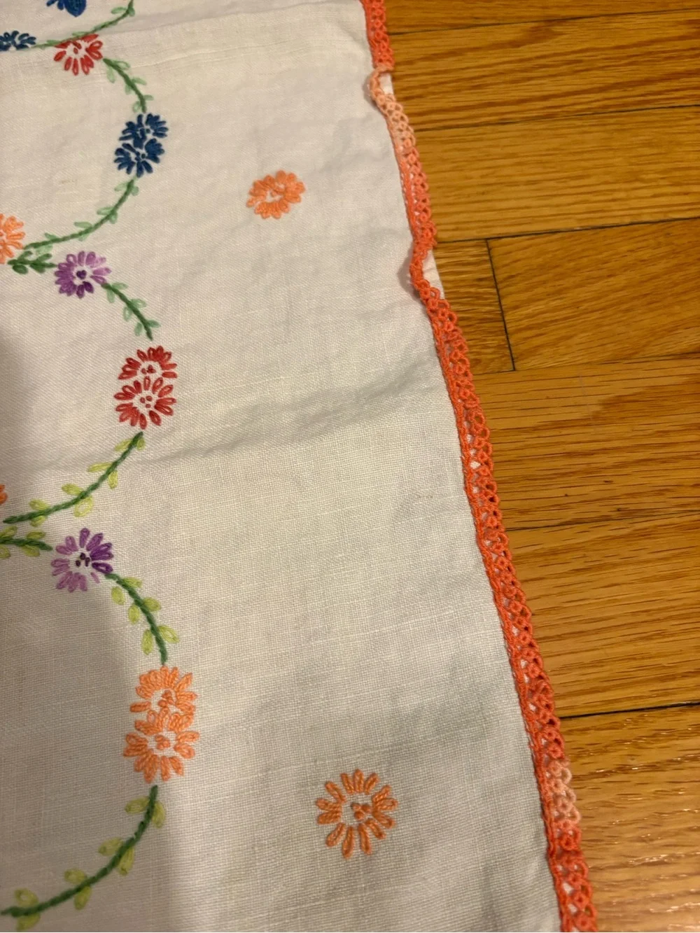 Hand-Embroidered White Linen tablecloth with Colorful Floral Swirls Butterfly